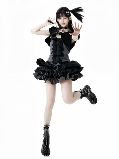 Skirt Cropped Top+Halter Neck Top+Tiered Sleeves Y2K Black and Gray Three Pieces Set - Short