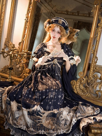 Elegant Unicorn OP Night Starry Blue Dark Set Full Empire Print Waist Lolita