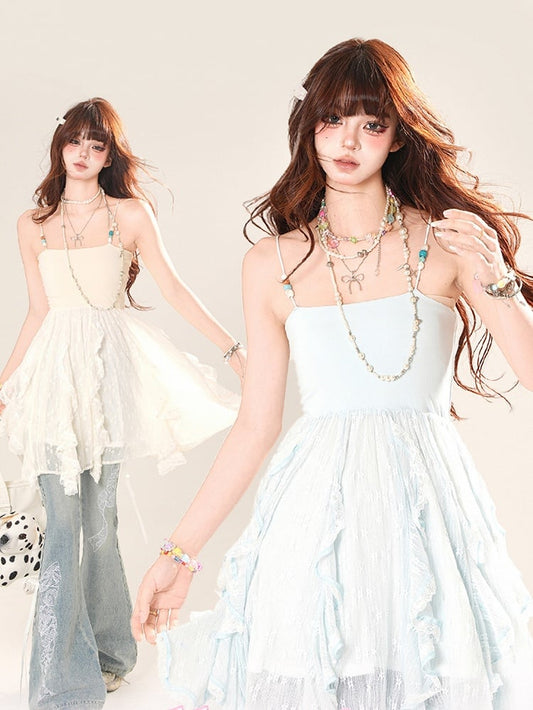 Cascading Ruffle Accents Lace Cami Top Blue/Apricot