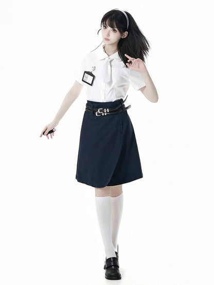 White Peter Pan Collar Short Sleeve Shirt Tie and Holder Card with