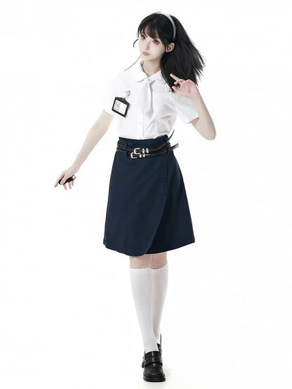 Uniform Navy Blue JK Knee-length Skirt with Double Buckle Belt