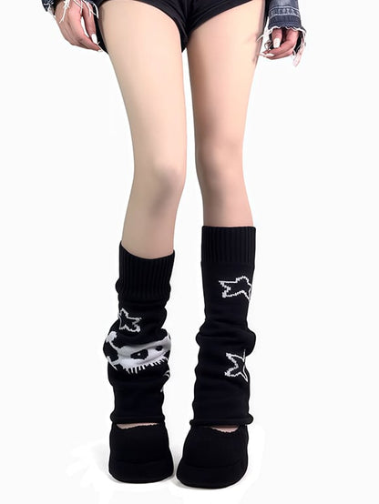 Black Gothic Knitted Leg Warmers With Skeleton Star