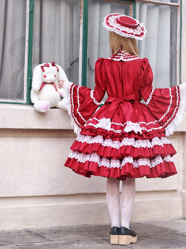 Red Gorgeous Tiered Ruffle Skirt Puff Sleeves and Bell Sleeves Lolita Dress