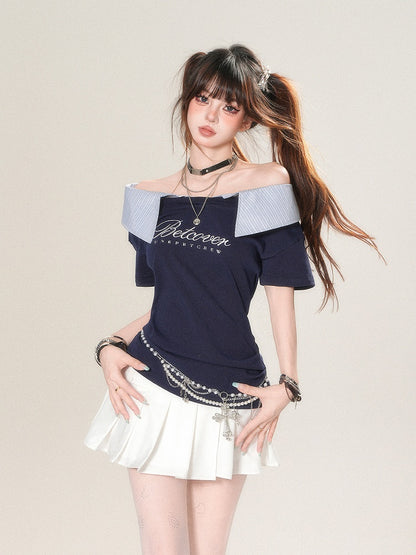 T-Shirt Foldover Navy Striped Neckline with Letter Blue Print Glamorous Collar - Asymmetrical