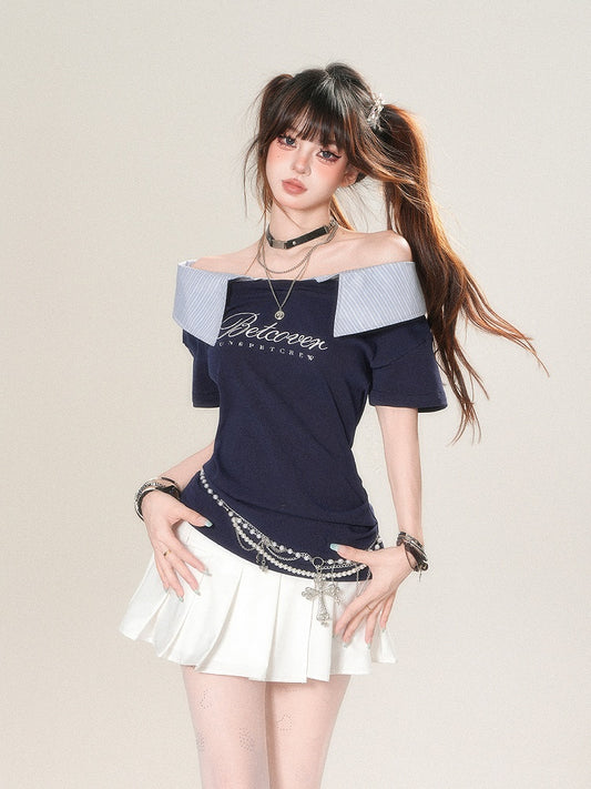T-Shirt Foldover Navy Striped Neckline with Letter Blue Print Glamorous Collar - Asymmetrical