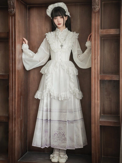Long Skirt Floral Sleeves Purple + Lolita Print Han Horse-face and Light Blouse White Set Full Snake