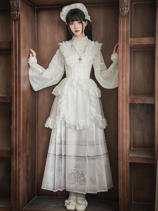 Long Skirt Floral Sleeves Purple + Lolita Print Han Horse-face and Light Blouse White Set Full Snake