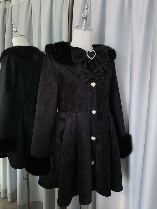 und Kei Plüsch Perlen Schwarz Bowknot Kragen Verziert Manschetten Details Jirai Mantel