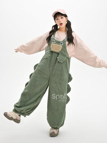 Cute Dinosaur Green Plush Overalls