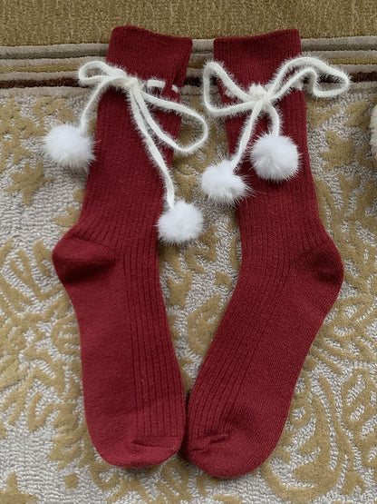 Khaki/Red/White/Grey/Green Cute Calf Socks With Pompons