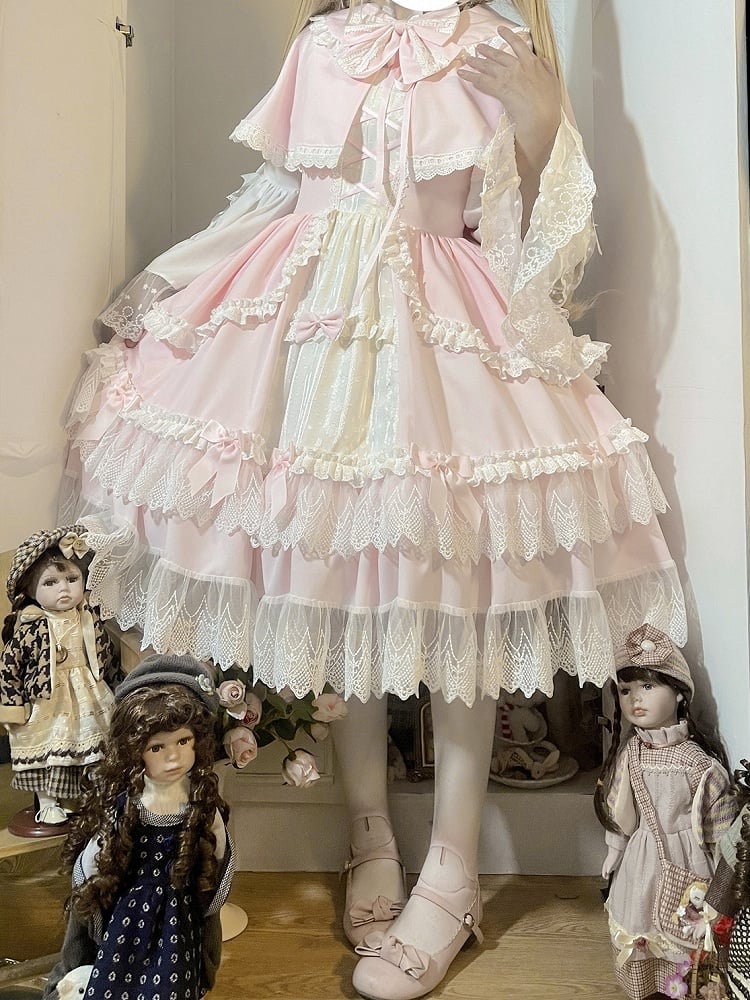 Pink and White Old School Lolita Fashion Dress Bowknot Detais Lolita JSK Set