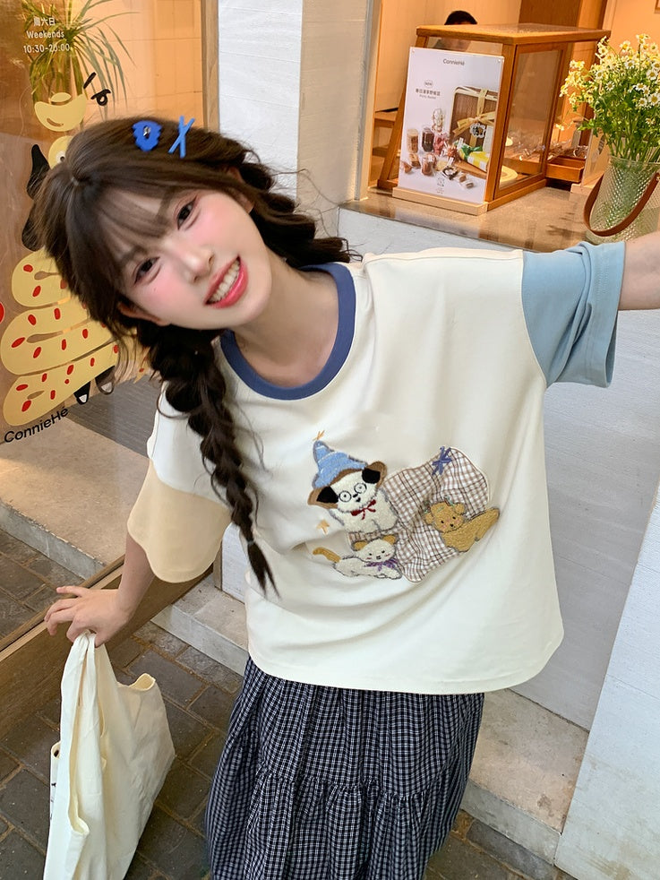 Colorblock Design Puppy Embroidery T-Shirt Orange Blue