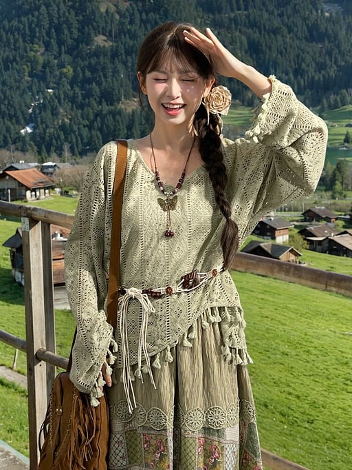 Hem Top with Belt Bohemian Green V-neck Tassels