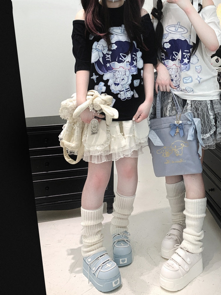 Kei Jirai Yami Kawaii Cartoon Print Zipper Detail Open Shoulder Black/White T-shirt