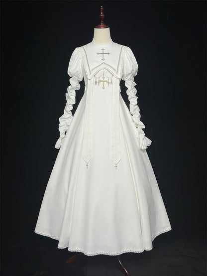 Halloween Kreuzärmeliges Juliette Stickerei Weißes Hammelkeulenkleid / Outfits Nonne Lolita