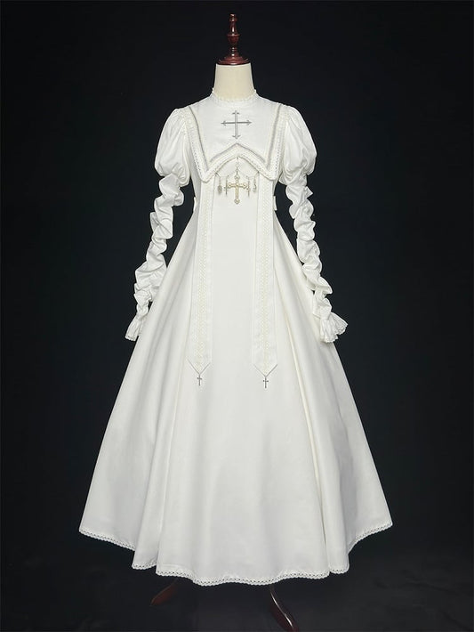 Halloween Kreuzärmeliges Juliette Stickerei Weißes Hammelkeulenkleid / Outfits Nonne Lolita