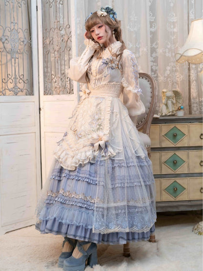 Lily Embroidery Applique Layered Hem Blue Classic Lolita Dress Front Button Placket