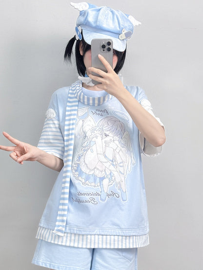 Blue Anime Girl Print Wing Appliques T-Shirt with Striped Scarf