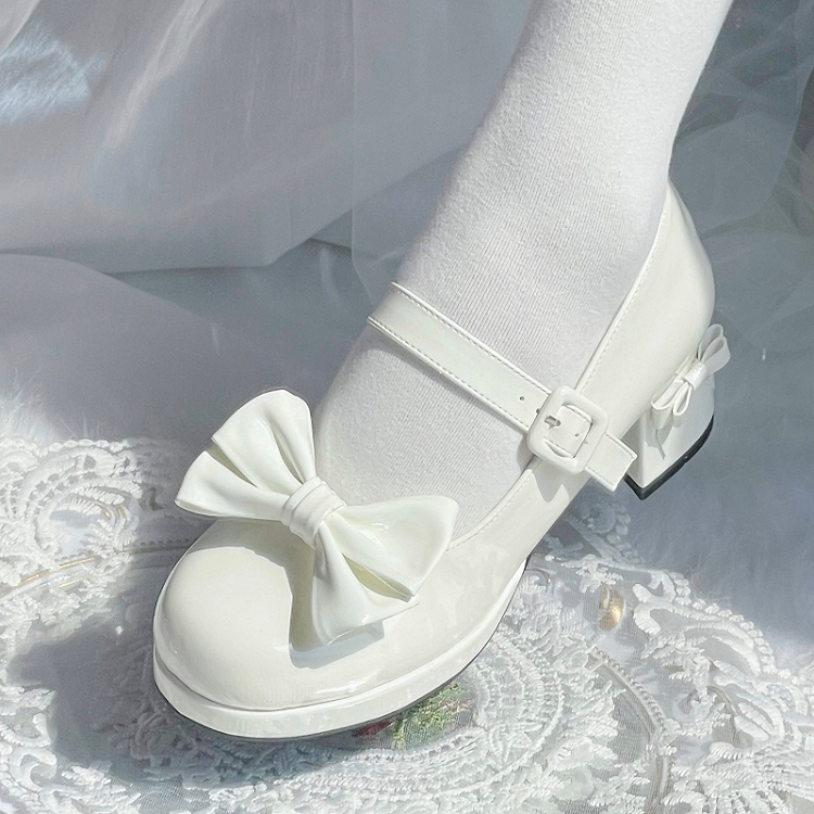 White Bowknot Buckle Strap Block Heel Lolita Mary Janes