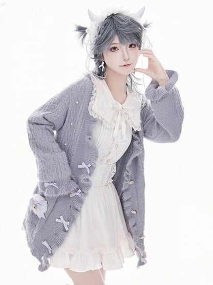 Jirai Kei Grey Bow Accents Landmine Style Soft Cardigan