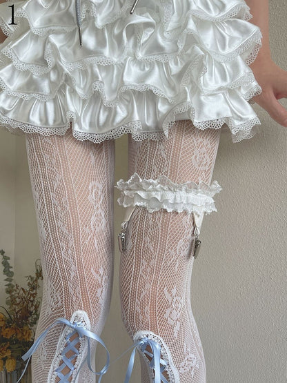 Floral Tights Blue Hollow-out Pattern Lace-up Detail