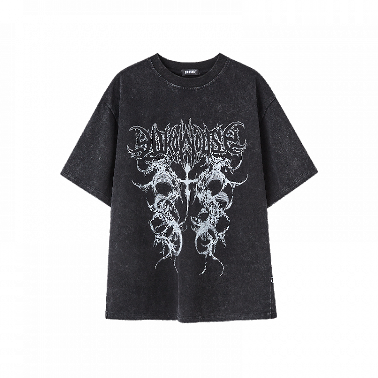 Black/White Faded Wash Cotton T-Shirt Distressed Punk Print Vintage