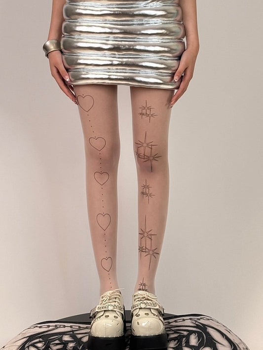 Print White And Heart Star Tights