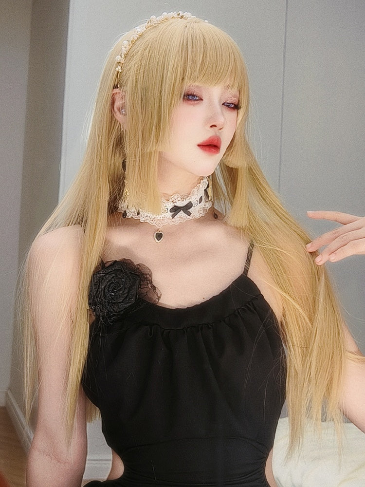 Blonde Hime Cut Long Straight Synthetic Wig with Double Claw Clips