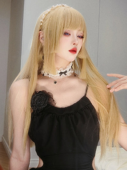 Blonde Hime Cut Long Straight Synthetic Wig with Double Claw Clips