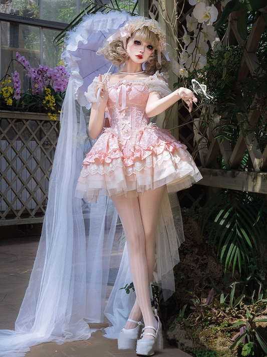 with JSK Big Bow Fabric Hime Lolita Balletcore Pink Boned Basque Waist Jacquard Train Puffy Dress