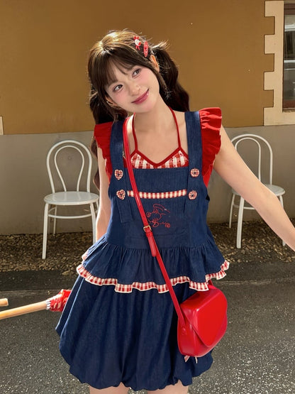 Red Plaid Hem Kitty Embroidery Buttons Heart Blue Sleeveless Top