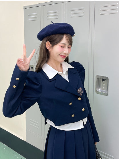 Navy Blue Notched Collar Gold-tone Buttons JK Cropped Blazer
