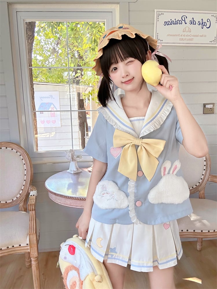 Sailor Bunny Collar Design Light Blue Cloud T-shirt Pockets and
