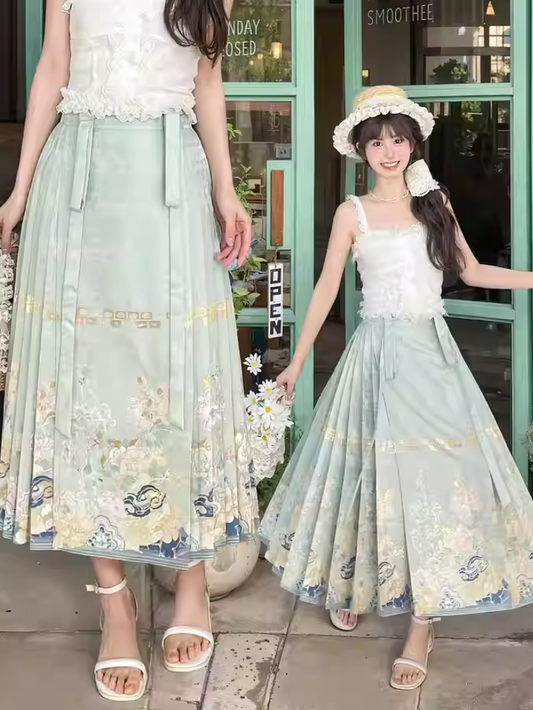Cheongsam Jacquard Horse-face Embroidery Floral Style Skirt Green Pleated
