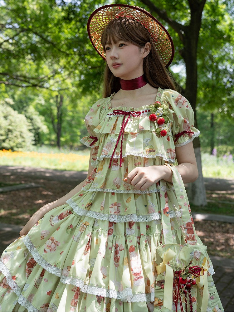 Green Print Fruit Summer Parfait Top Short Sleeves