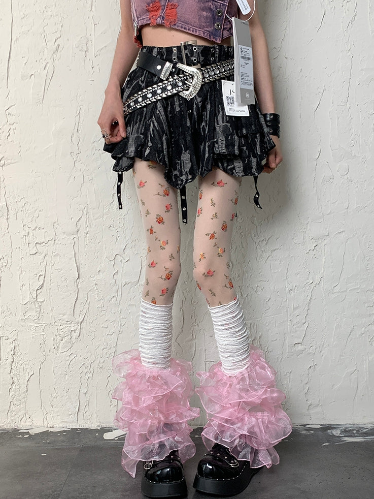 White Y2K + Pattern Multi-layered Set Floral Leg WhitePink Sleeves Lace Tights Trim
