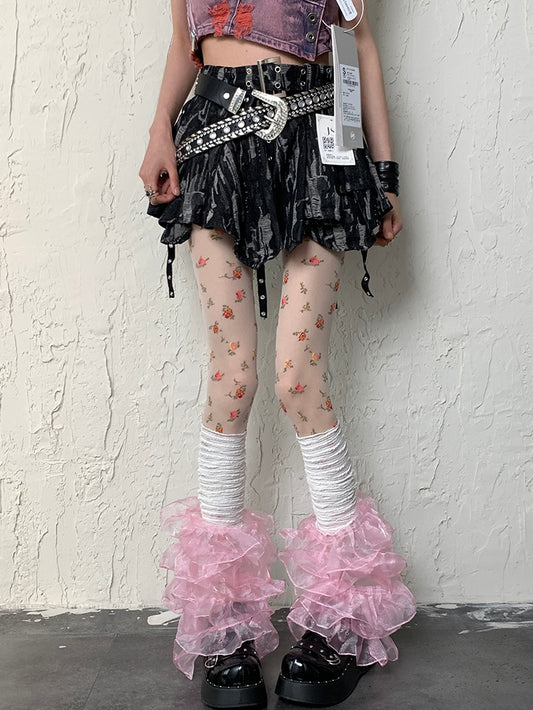 White Y2K + Pattern Multi-layered Set Floral Leg WhitePink Sleeves Lace Tights Trim