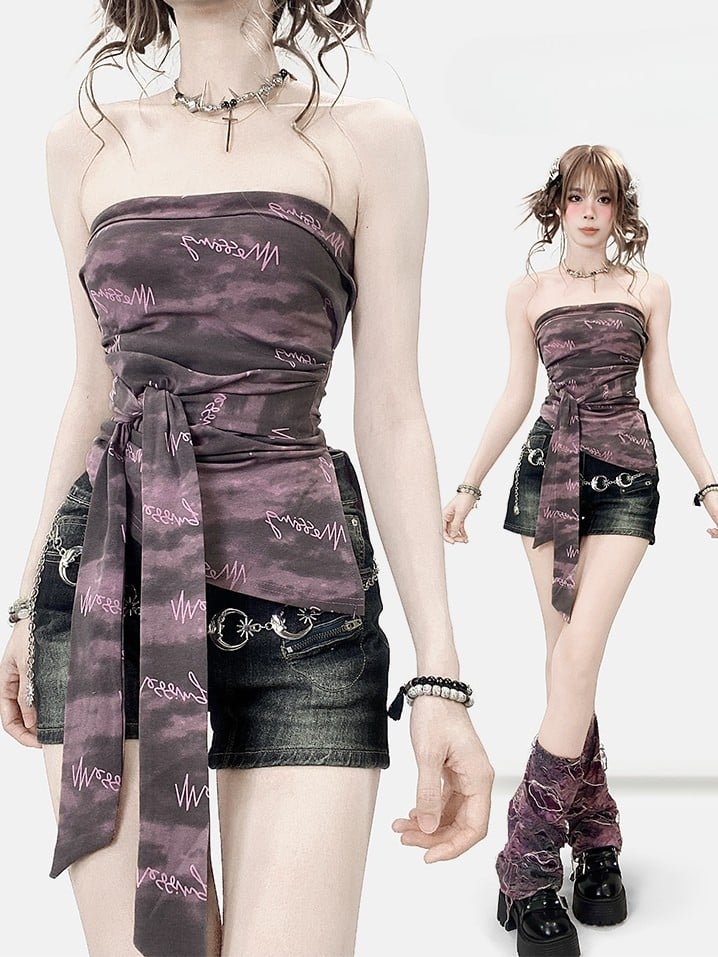 Purple Dye Strap Hem Top Y2K Asymmetrical Bittersweet Tube Self-tie Tie