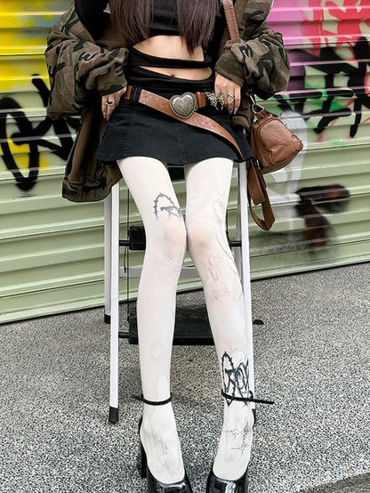 White 100D Punk Print Tights