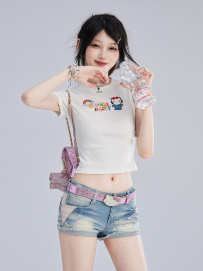 White Kitty Pattern Bittersweet T-shirt/Cami Top