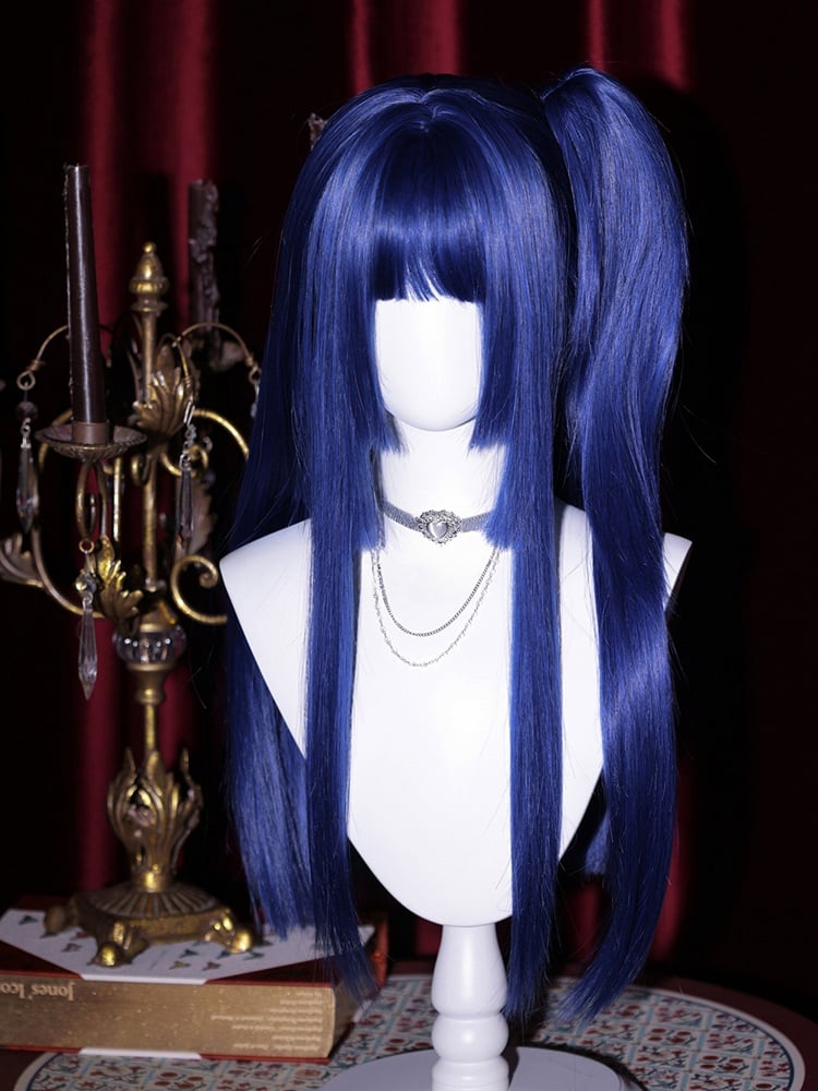 Blue Hime Cut Long Straight Synthetic Wig