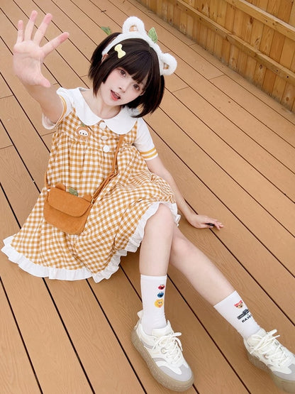 Robe à carreaux et manches courtes à col Peter Pan Orange Bear