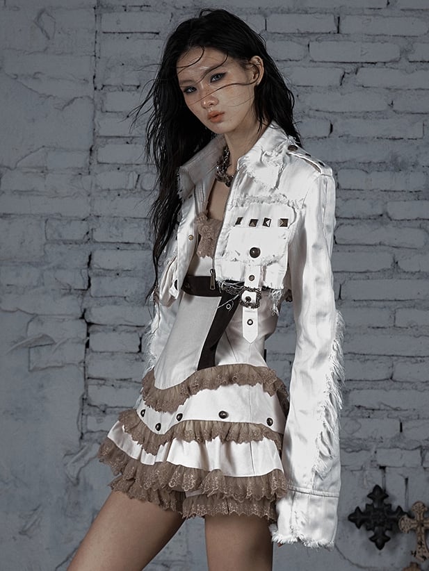 Studs Buckle Decorated And Wasteland Cropped White Punk Jacket