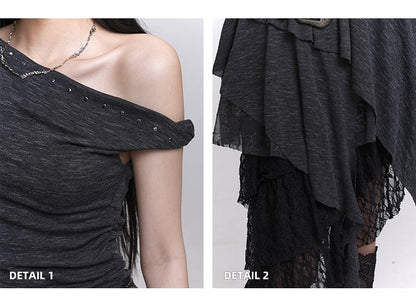Buckle Studded Asymmetrical Neckline Cascading Ruffles Belt with Dress