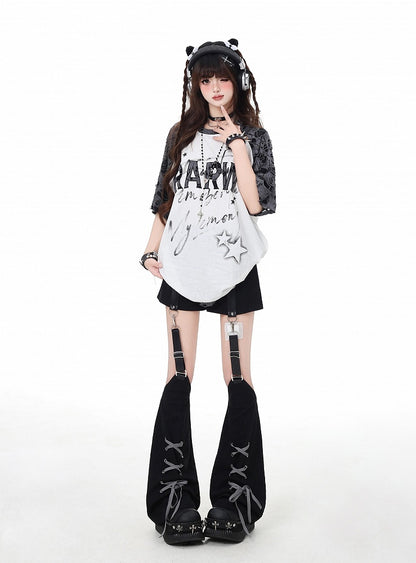 White Distressed Holes Star Buckle Graphic T-Shirt