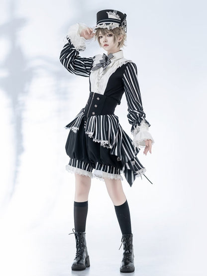 Black and White Ouji Lolita Circus Magician Vibes Striped Long Sleeves Shirt