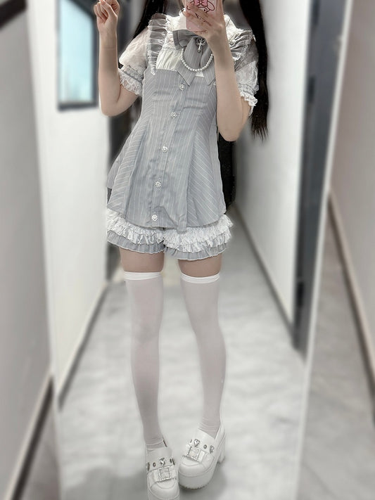 Gray Striped Jirai Kei Set- Back + Tie Neckline Bow Lace-up Mini Dress + Shorts Illusion
