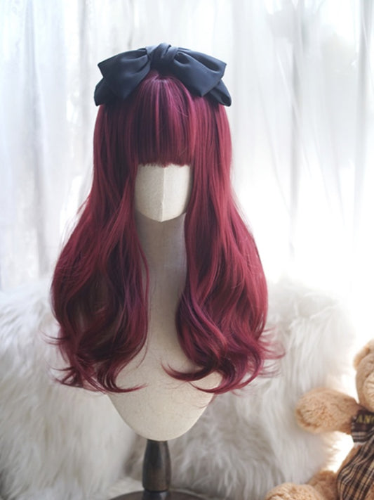 Wine Red Long Wavy Wig With Full Bangs