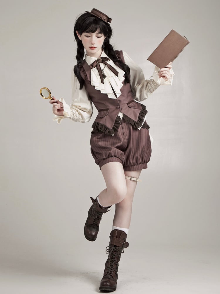 Brown Elegant Ouji Lolita Set Waistcoat + Shorts + Shirt + Mini Hat + Brooch + Necklace