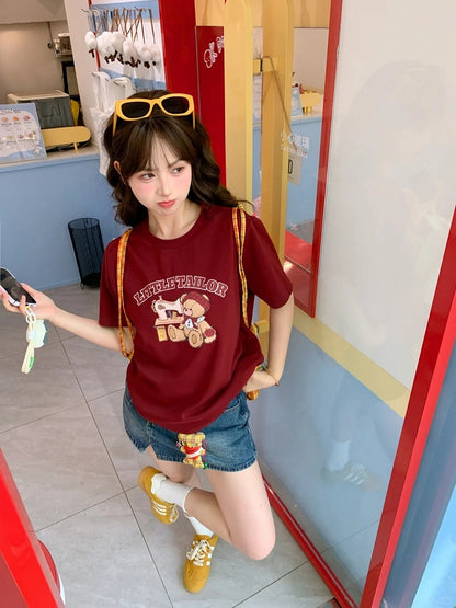 Neck Loose Cartoon Bear Print Wine Red Round T-shirt